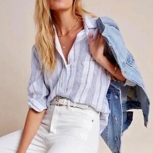 GRAYSON The Hero Linen Blue White Kristin Stripe Buttondown Academia 03 / Medium